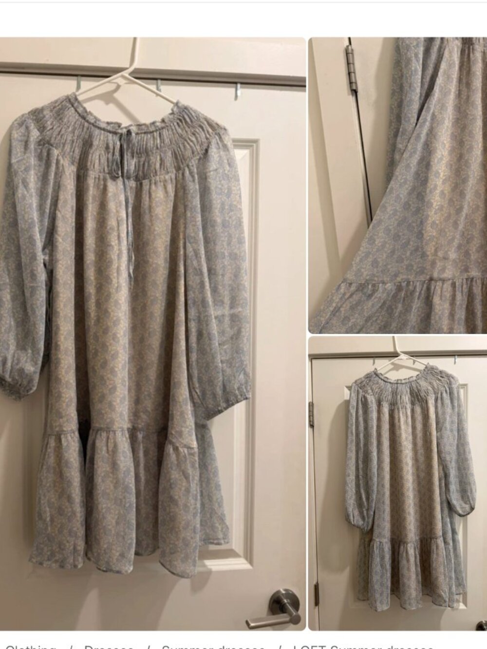 LOFT Blue Floral Smocked Neck Tiered Mini Dress Long Sleeve Cottagecore NWT L